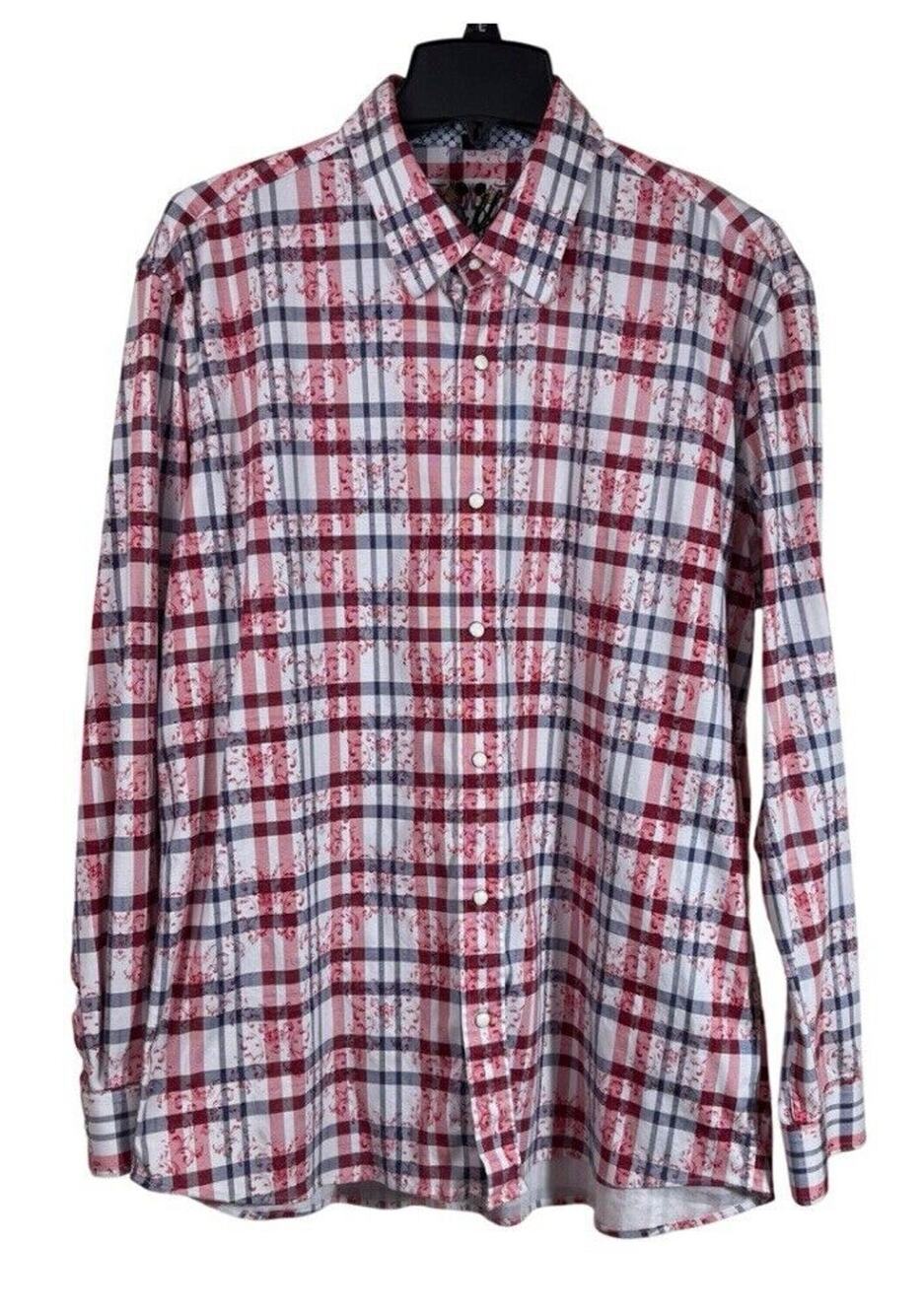 Scully Western Shirt Mens Size Large L Red Plaid Pearl Snaps Paisley Embroidered
